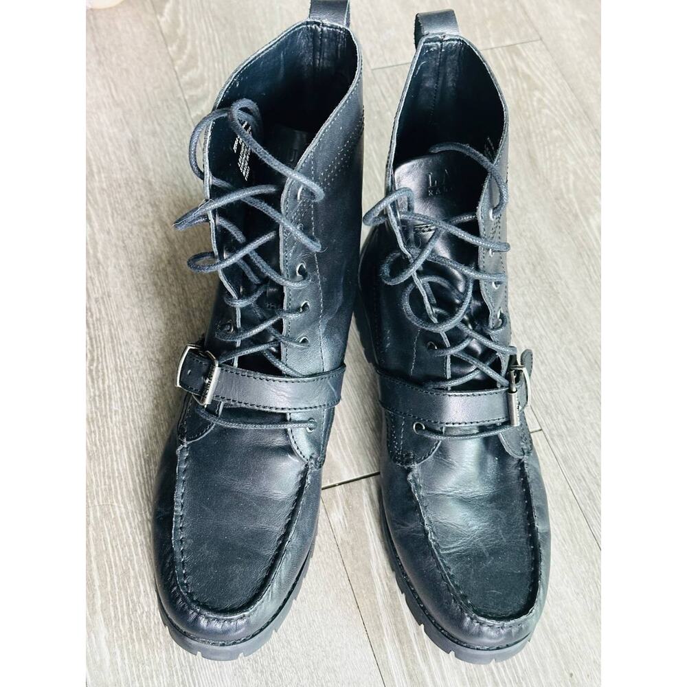 Ralph Lauren Lauren Black Leather Lace Up Boots Lug Sole Women 10